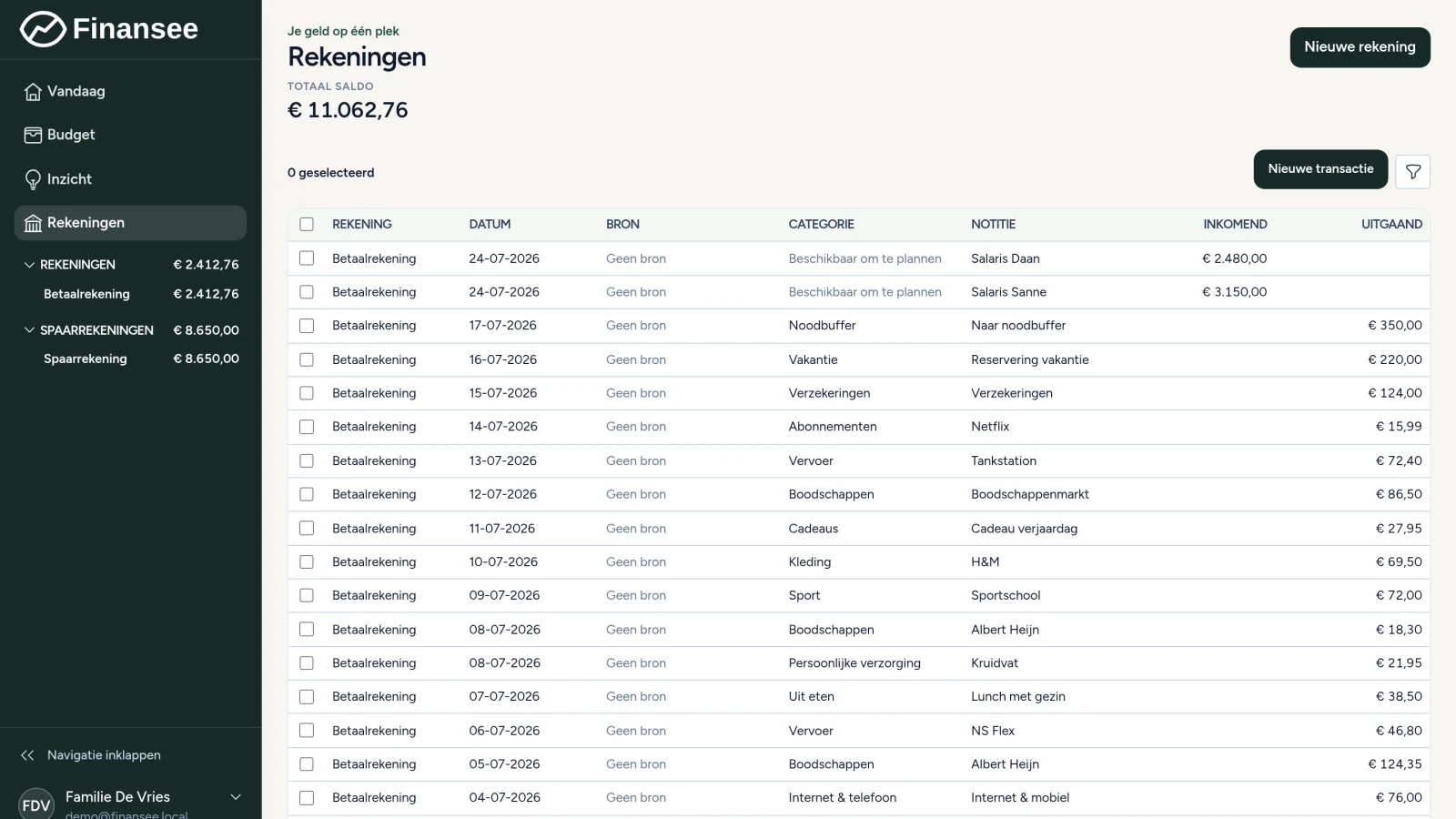 Rekeningen en transacties in de Finansee App