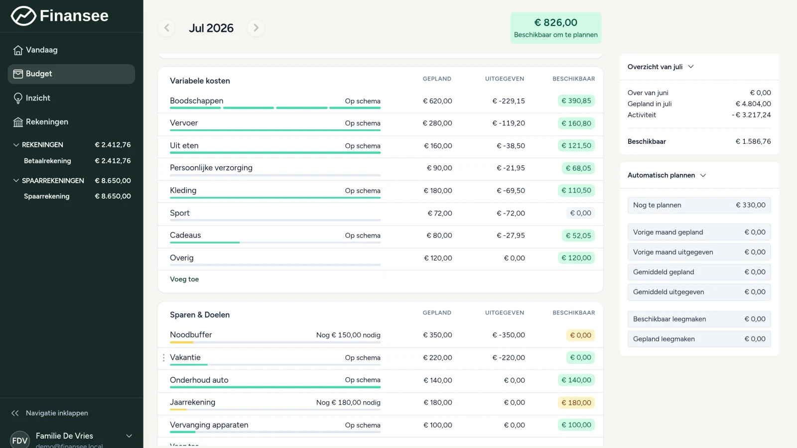 Budgetoverzicht met variabele kosten en spaardoelen in de Finansee App