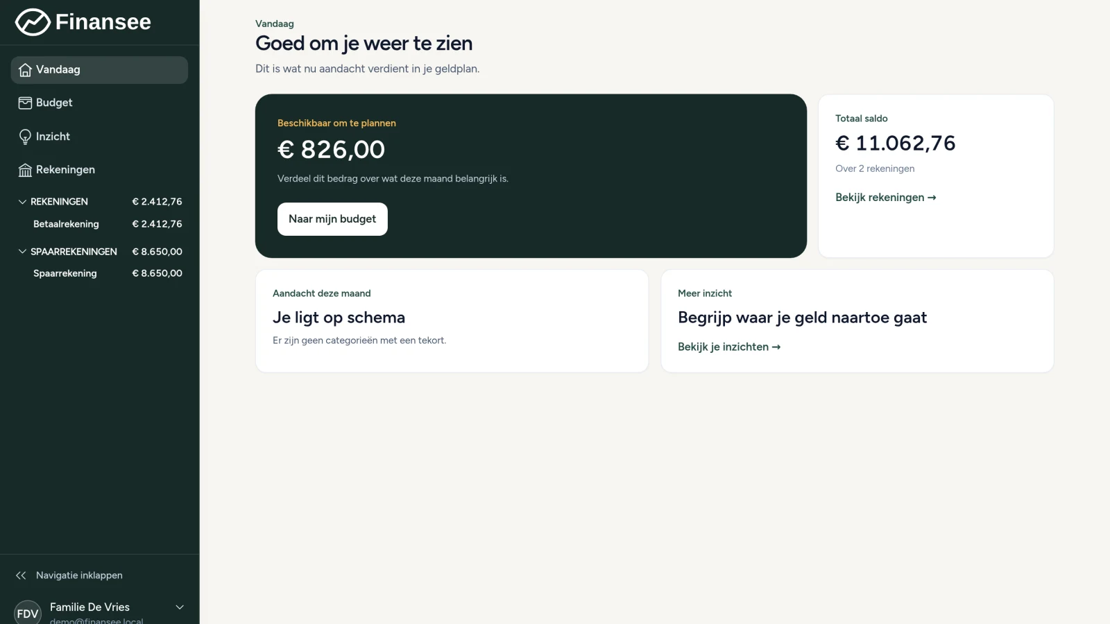 Dashboard van de Finansee App met beschikbaar bedrag en aandachtspunten